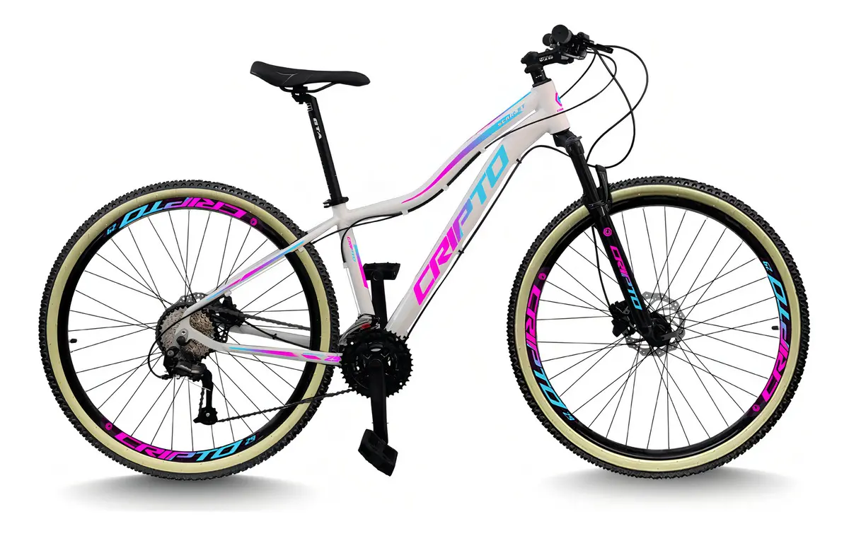 Bicicleta Aro 29 Mtb Cripto 24v Freio Disco Faixa Bege Cor Branco/azul E Rosa Tamanho Do Quadro 15