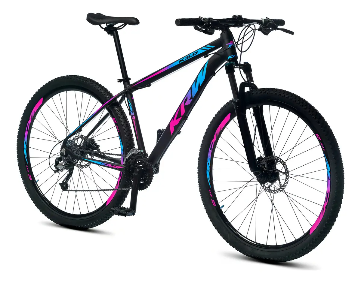 Bicicleta Bike aro 29 Mountain Bike Câmbio 21 velocidades Freio a Disco Amortecedor Suspensão dianteira Preto Rosa e Azul Tamanho quadro 17