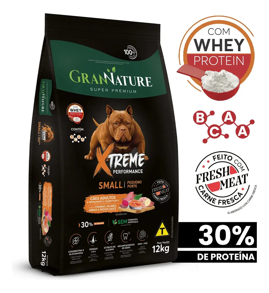 Ração GranNature Xtreme Performance Para Cães Adultos de Pequeno Porte, Sabor Frango e Salmão, 12 kg