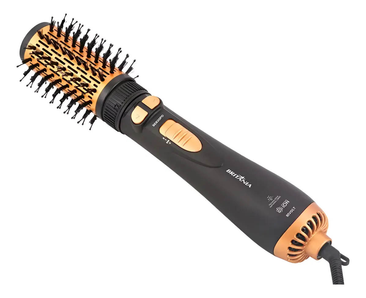Escova Modeladora Rotativa Britânia Ber20pd 3 Temperaturas Cor Preto e Dourado