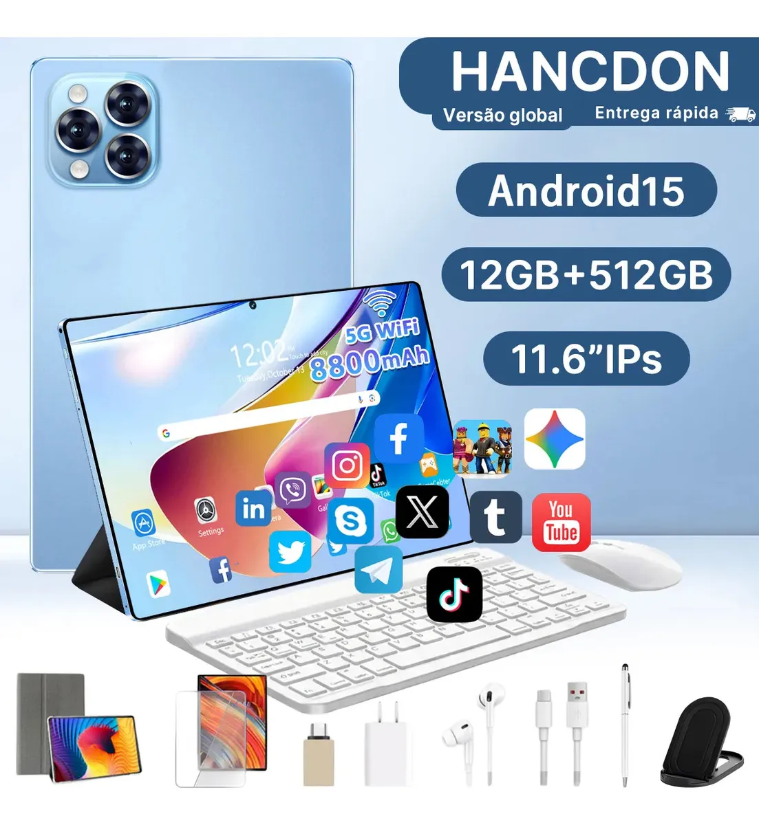 Tablet Android 15 Hancdon Tab Kit Completo Ram 12gb 512gb 11.6'' Hd Tela Apoia Wifi 2,4/4g/5g Dual Sim Bateria 8800mah Com Caneta+teclado E Mouse Profissional Estudo Trabalho Jogos 2 Em 1 Tablets Pc