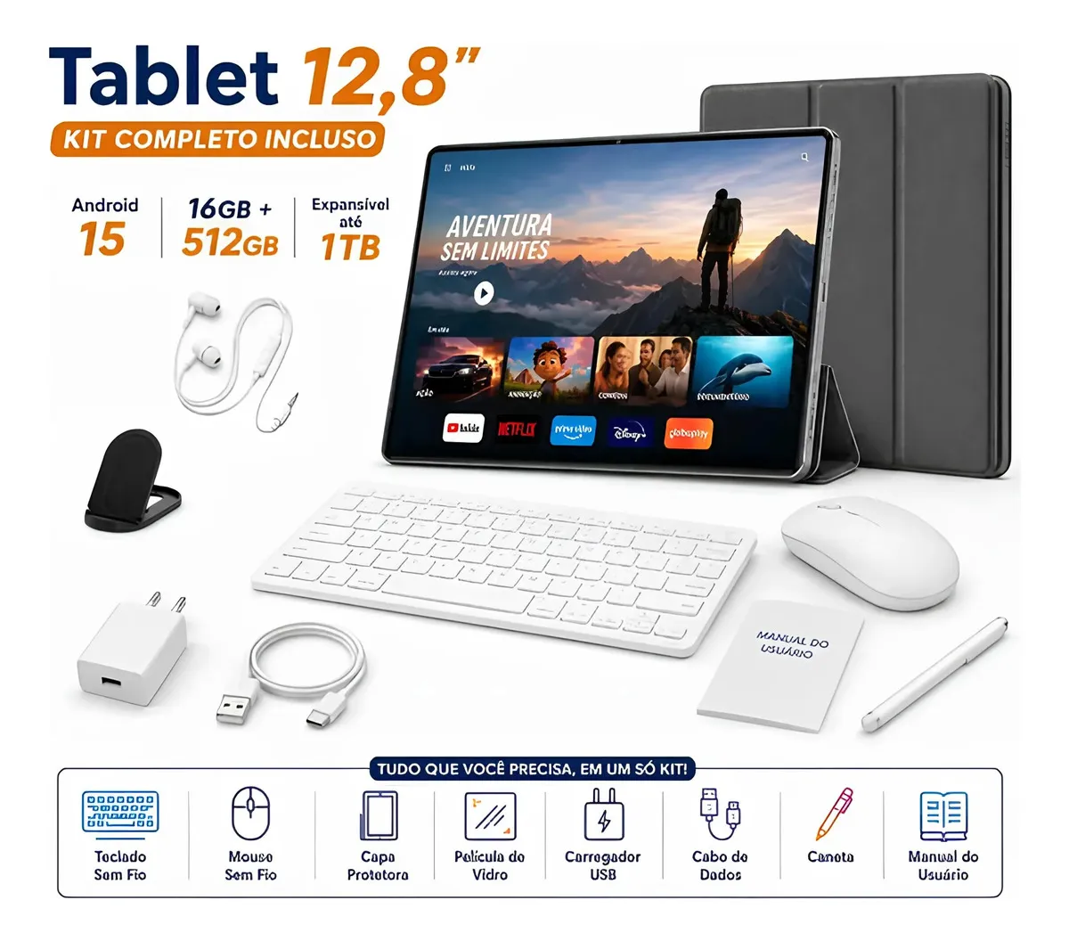 Hancdon Android 15 Tab Kit Completo Ram 16gb 512gb 12,8&amp;#039;&amp;#039; Hd Tela Apoia Wifi 2,4/4/5g Bateria 8800mah Com Caneta+teclado E Mouse Profissional Estudo Trabalho Ia Gemini Jogos 2 Em 1 Tablets Pc