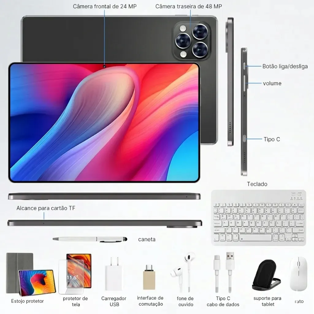 Tablet Android 12GB RAM 512GB Memória Tela Grande 11.6 Bateria 8800mAh Wi-fi 5G