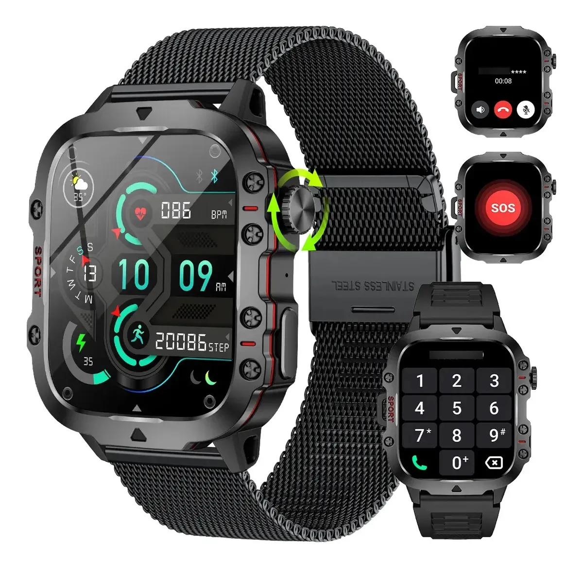 FOXBOX Relógio Smartwatch Inteligente Android Ios Bluetooth Homens Preto Mesh Chamadas Bluetooth Caixa Preto Pulseira Medção de frequência cardíaca Oximetria Assistente de voz MAIS VENDIDO 4º em Smartwatches FoxBox