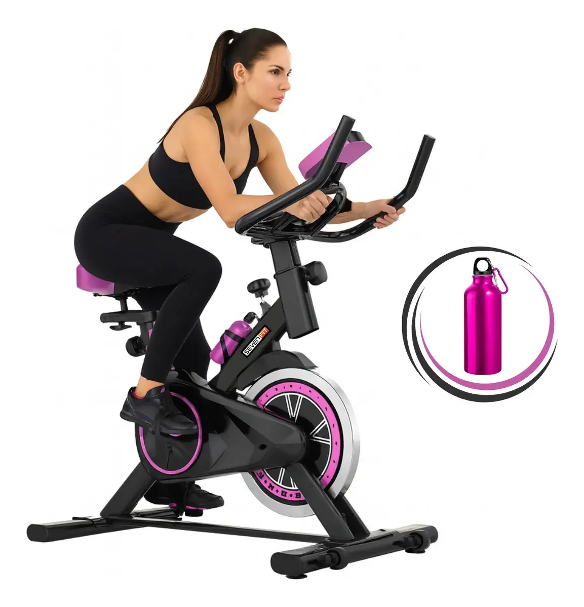 Bicicleta Ergométrica Bike Spinning Garrafa 6kg Sensação Inércia Com Medidor Cardíaco Fitness Preto e Rosa Sevenfit Para Cardio E Musculação